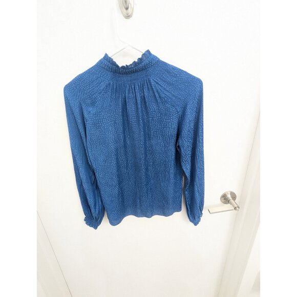 Blue Dot Button Ruffle High Neck Keyhole Blouse Ruffle Cuffs Smocked WHBM XXSP - Picture 4 of 6